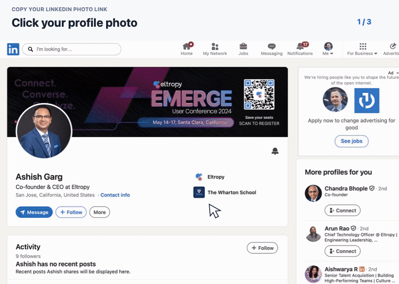 Screen recording: open your LinkedIn profile, right-click your profile photo, then choose Copy image address